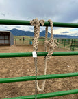 1-inch hemp horse lead with chain draped over a fence, set against the picturesque backdrop of a Montana horse ranch. (8213506883821)