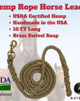 Infographic detailing the product specifications of the hemp rope horse lead, including diameter, length, and chain details. (7105368162504)