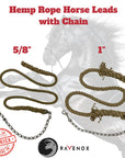 Side-by-side comparison of 5/8-inch and 1-inch hemp rope horse leads, showcasing the difference in thickness and texture. (8213506883821)