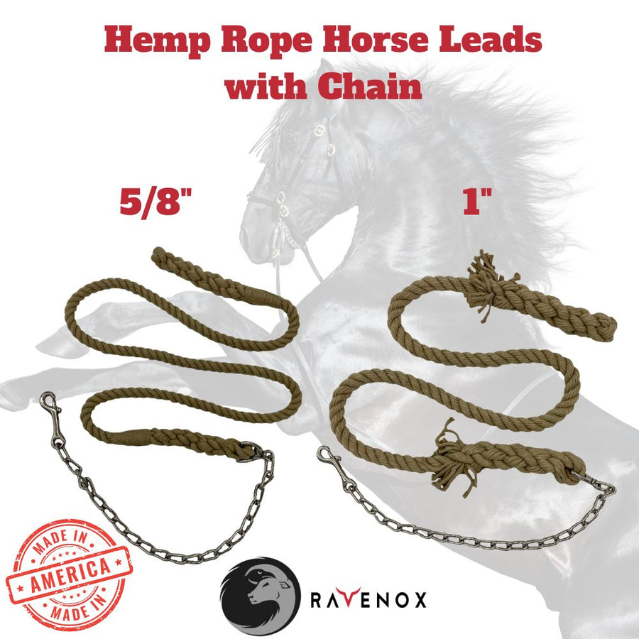 Side-by-side comparison of 5/8-inch and 1-inch hemp rope horse leads, showcasing the difference in thickness and texture. (8213506883821)