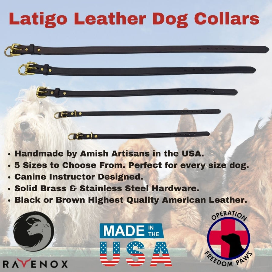 Display of latigo leather dog collars in all sizes and colors, accompanied by detailed text information highlighting their handcrafted Amish design, premium hardware, and benefits of the moisture-resistant leather, designed by Army Master Instructor of Canine Education, Mary Cortani. (7923369541869)