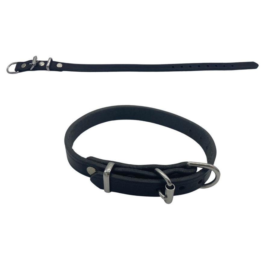 Extra Small - Black Latigo Leather Dog Collar (Back View) A closer look at the smooth beveled edges and premium solid brass and stainless-steel hardware. Ensure your small canine's safety with this moisture-resistant, durable collar. (7923369541869)