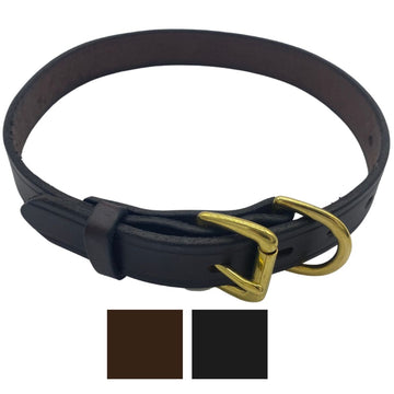 Variety of latigo leather dog collars in ascending sizes from Extra Small to Extra Large, displayed in both black and brown colors, highlighting their hand-beveled edges and premium hardware.  (7923369541869)