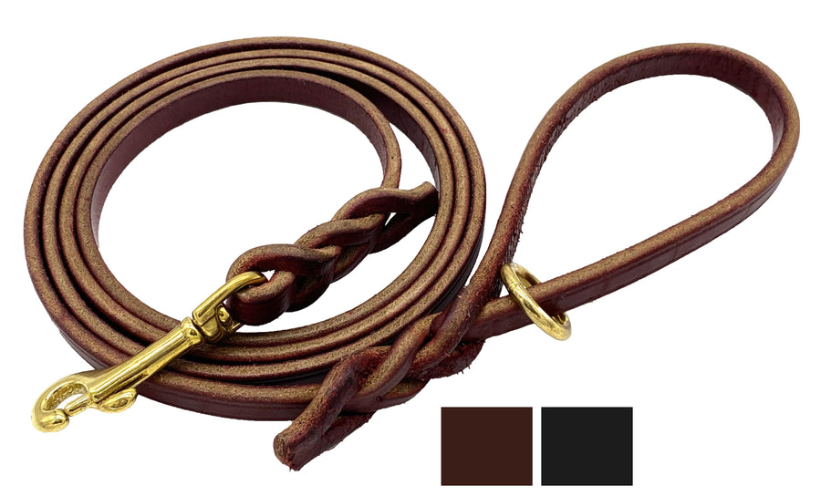 Ravenox 6 FT Braided Leather Dog Leash showcased in a deep black hue. Made from durable black latigo leather, this leash boasts braided details on both ends, ensuring strength and longevity. Handcrafted by Amish artisans (7749496832237)