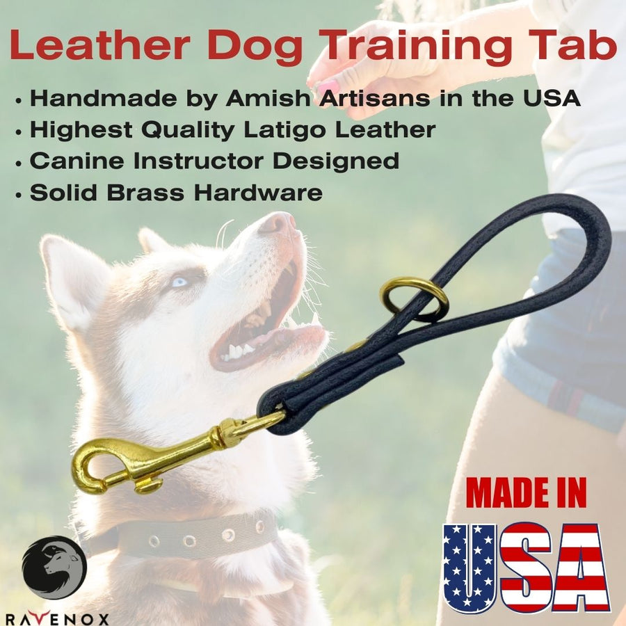 Ravenox Leather Dog Training Pull Tab, expertly crafted for immediate control during training sessions. Amish-made, ideal for both large and small dogs, ensuring non-slip grip, even when wet. A durable, handmade USA product, inspired by canine instructors for optimal obedience training. Proceeds support OFP's mission. (8151719510253)