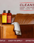 Image showing Leather Honey Leather Cleaner and Conditioner bottles placed on a couch, illustrating their application in maintaining and rejuvenating leather furniture. (8289564688621)