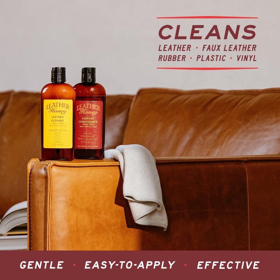 Image showing Leather Honey Leather Cleaner and Conditioner bottles placed on a couch, illustrating their application in maintaining and rejuvenating leather furniture. (8289564688621) (8289571373293) (8289574846701)