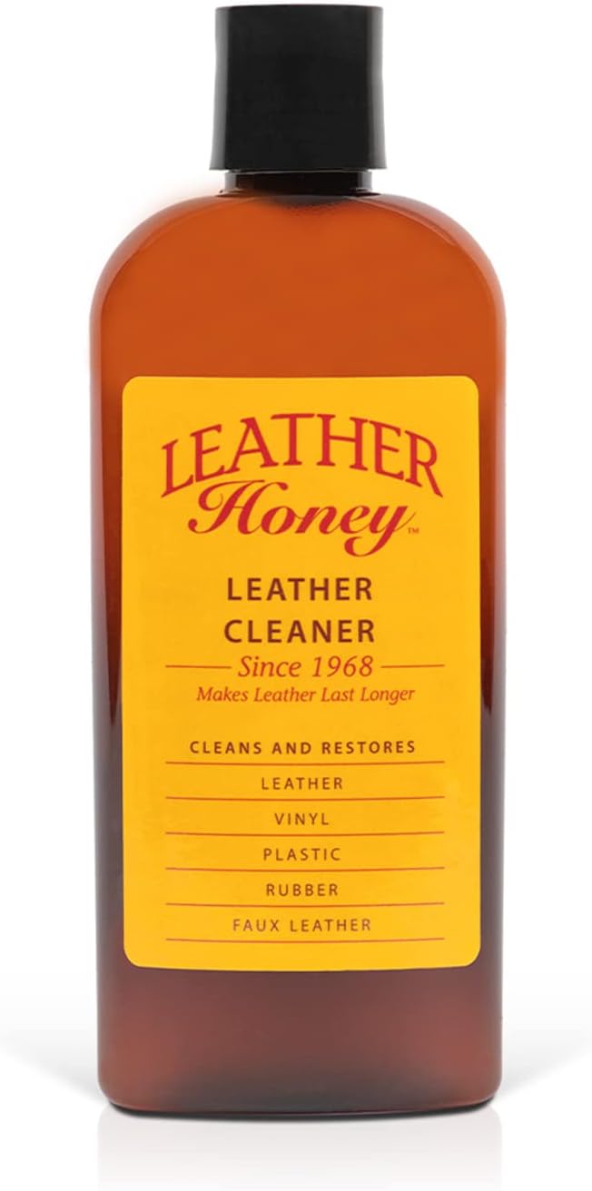 Image of the 8 oz Leather Honey Leather Cleaner bottle, clearly displaying its label and design, indicating its use for cleaning various types of leather and other materials. (8289564688621)