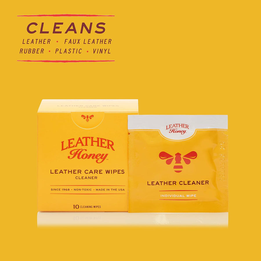 Image of Leather Honey Leather Care Wipes (10 Pack) in the box, highlighting compatibility with leather, faux leather, rubber, plastic, and vinyl, demonstrating the product's versatility and ease of use for cleaning various materials. (8289571373293)