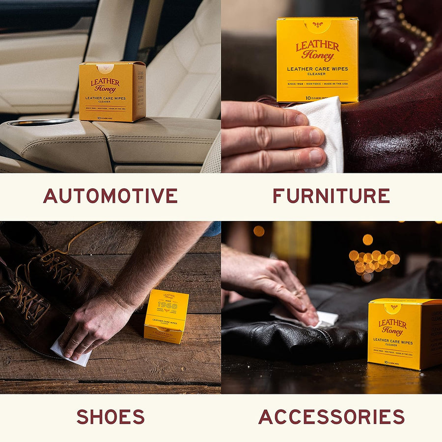 Collage image featuring Leather Honey Leather Care Wipes (10 Pack) used on automotive interiors, furniture, shoes, and accessories, illustrating the product's effectiveness across a variety of leather items and settings. (8289571373293)