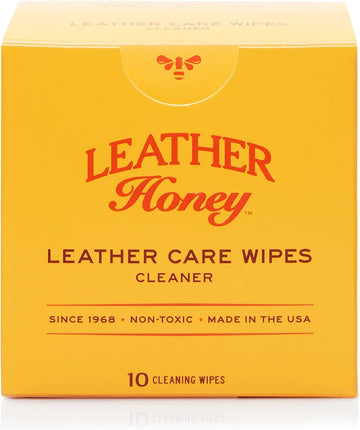 Image of the Leather Honey Leather Care Wipes (10 Pack) box, showcasing its compact and convenient packaging, with individual wipes visible, indicating their readiness for immediate leather cleaning use. (8289571373293)