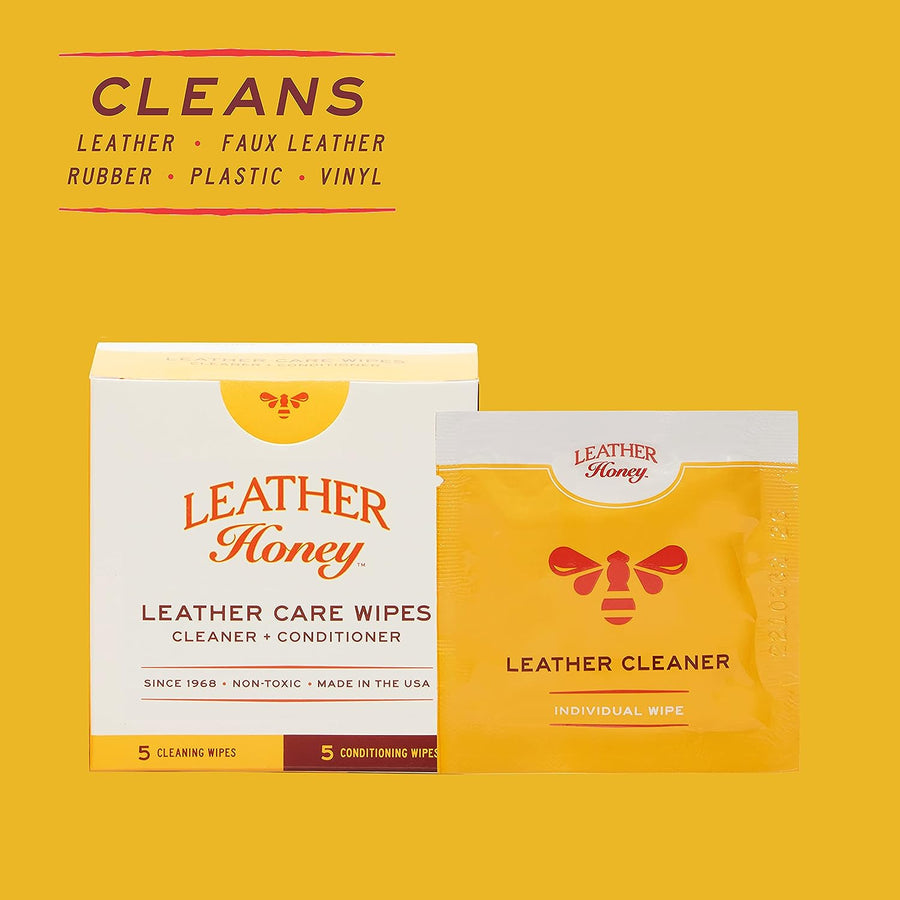 Image of Leather Care Wipes (10 Pack) - Combination Package, featuring 5 conditioning wipes and 5 textured cleaning wipes, individually foil wrapped for convenient use. These towelettes are infused with non-toxic leather conditioner and cleaner, with a unique raised texture for efficient dirt removal. One pack of leather cleaner wipes is shown outside the package. (8289579761901)