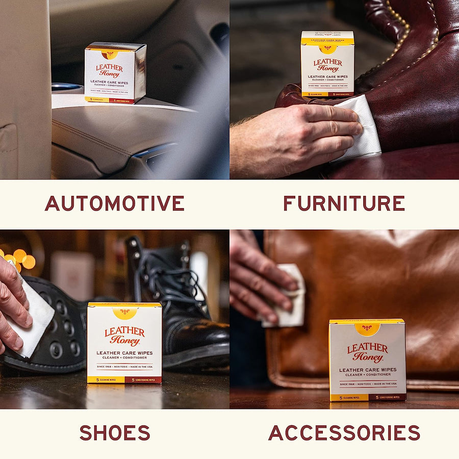 Image of Leather Care Wipes (10 Pack) - Combination Package, including 5 conditioning wipes and 5 textured cleaning wipes, individually foil wrapped for convenience. These towelettes are infused with non-toxic leather conditioner and cleaner, featuring a unique raised texture for effective dirt removal. Collage image showcases their use on automotive, furniture, shoes, and accessories. (8289579761901)