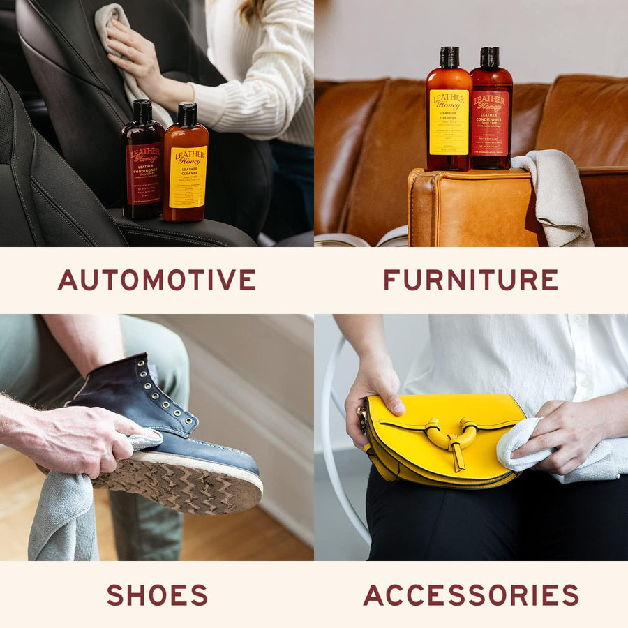 Image depicting Leather Honey Leather Conditioner used on car seats, furniture, and leather shoes, showcasing its versatility in maintaining and protecting different leather items. (8287935725805) (8289564688621)