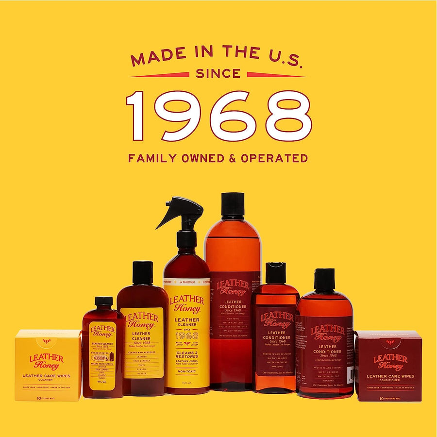 Image featuring the complete range of Leather Honey leather care products, highlighting their 'Made in USA' quality, with a notation of being family-owned since 1968, showcasing the brand's long-standing commitment to premium leather maintenance. (8287935725805)