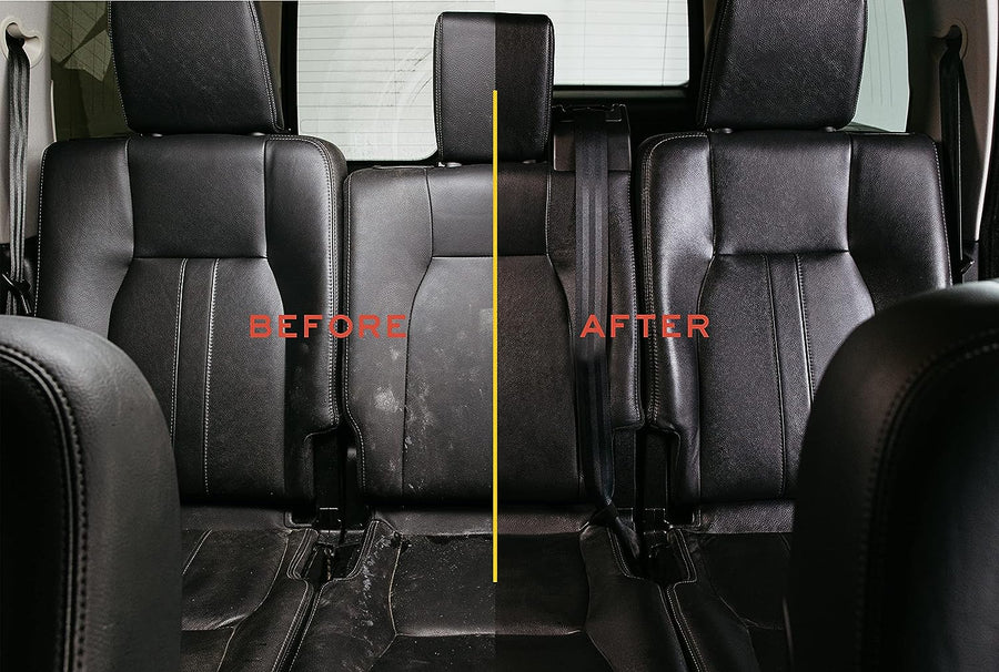 Before and after image showing the transformative effect of Leather Honey products on leather, with the left side depicting worn leather and the right side showing the same leather rejuvenated and conditioned. (8287935725805)