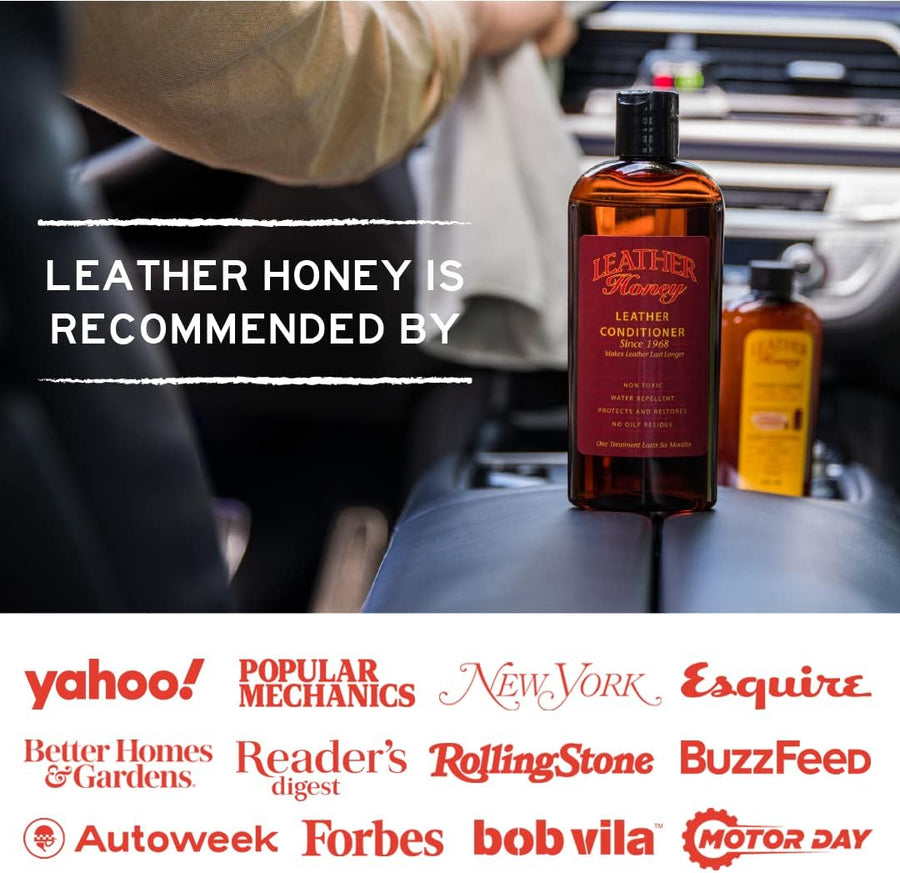 Image displaying Leather Honey accolades, with logos of Yahoo!, Popular Mechanics, The New York Times, Esquire, Better Homes and Gardens, Reader's Digest, Rolling Stone, BuzzFeed, Autoweek, Forbes, Bob Vila, and Motor Day, highlighting its widespread recommendation by these reputable sources. (8287935725805) (8289564688621) (8289571373293) (8289574846701)