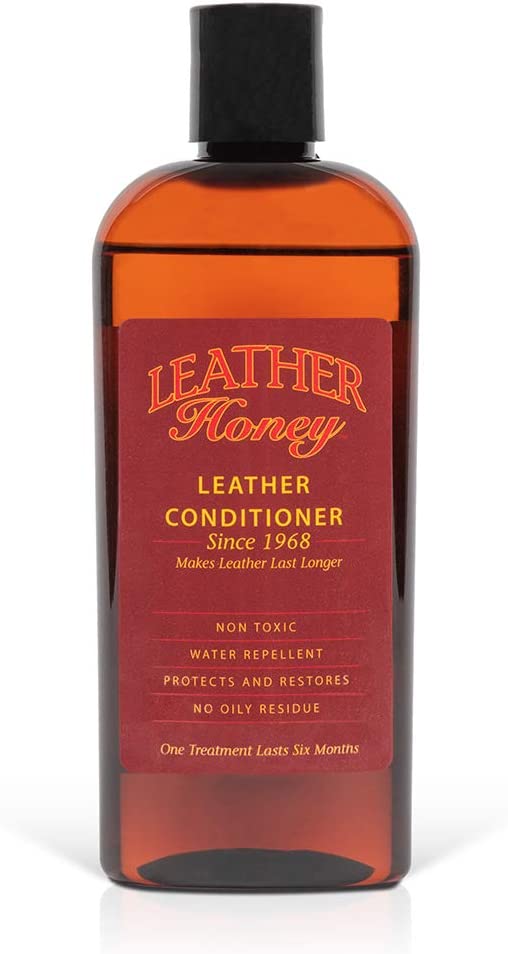 8 oz bottle of Leather Honey Leather Conditioner on a neutral background, showcasing its label and design, ideal for conditioning and protecting various leather items. (8287935725805)