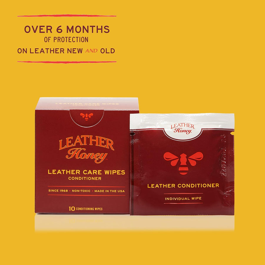 Image of the Leather Honey Leather Care Wipes (10 Pack) - Leather Conditioner, featuring the packaging box with one pack outside, illustrating the product's convenient and accessible design for leather care and conditioning. (8289574846701)