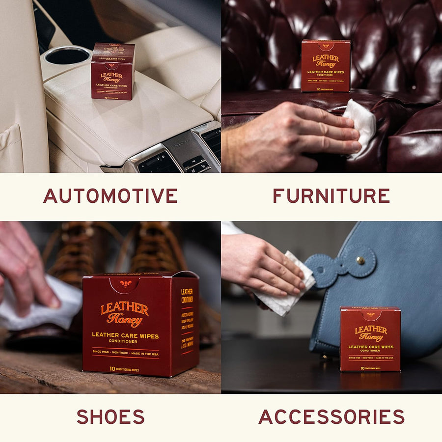 Image of Leather Honey Leather Care Wipes (10 Pack) - Leather Conditioner, demonstrating their use on automotive interiors, furniture, shoes, and accessories, highlighting their versatility in leather maintenance. (8289574846701)