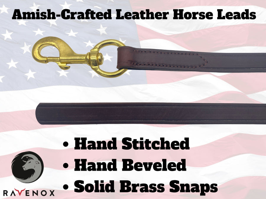 Product specifications for Amish-made Ravenox leather horse lead, detailing craftsmanship and quality. (8213561540845)