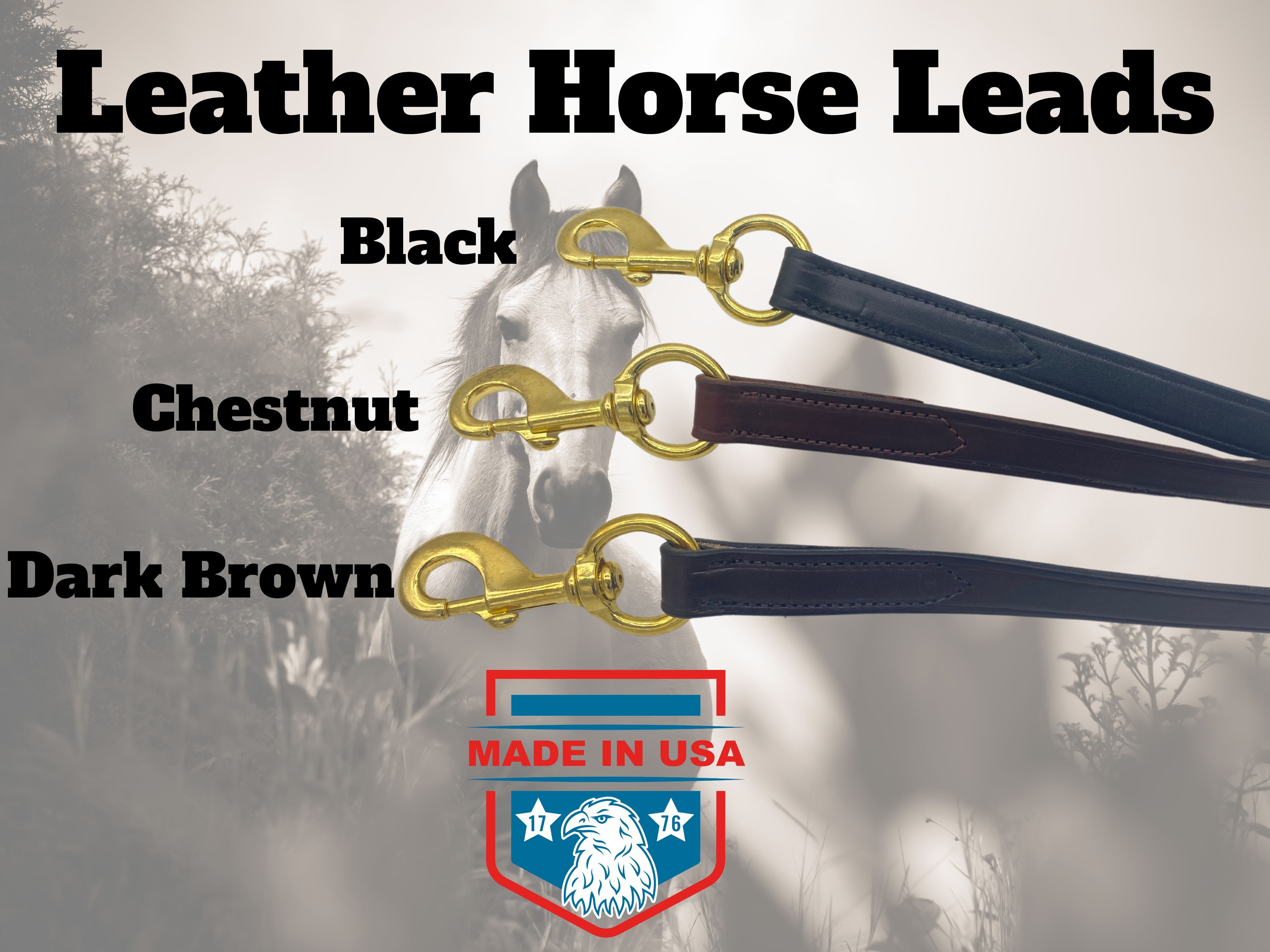 Graphic showcasing Ravenox leather horse leads in distinct Chestnut, Dark Brown, and Black colors. (8213561540845)