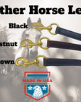 Graphic showcasing Ravenox leather horse leads in distinct Chestnut, Dark Brown, and Black colors. (8213561540845)