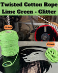 Sparkling Ravenox Lime Green Glitter Cotton Rope, catching the light with its vibrant color and glimmer, ideal for craft projects that need a touch of whimsy and shine. (3842558273)