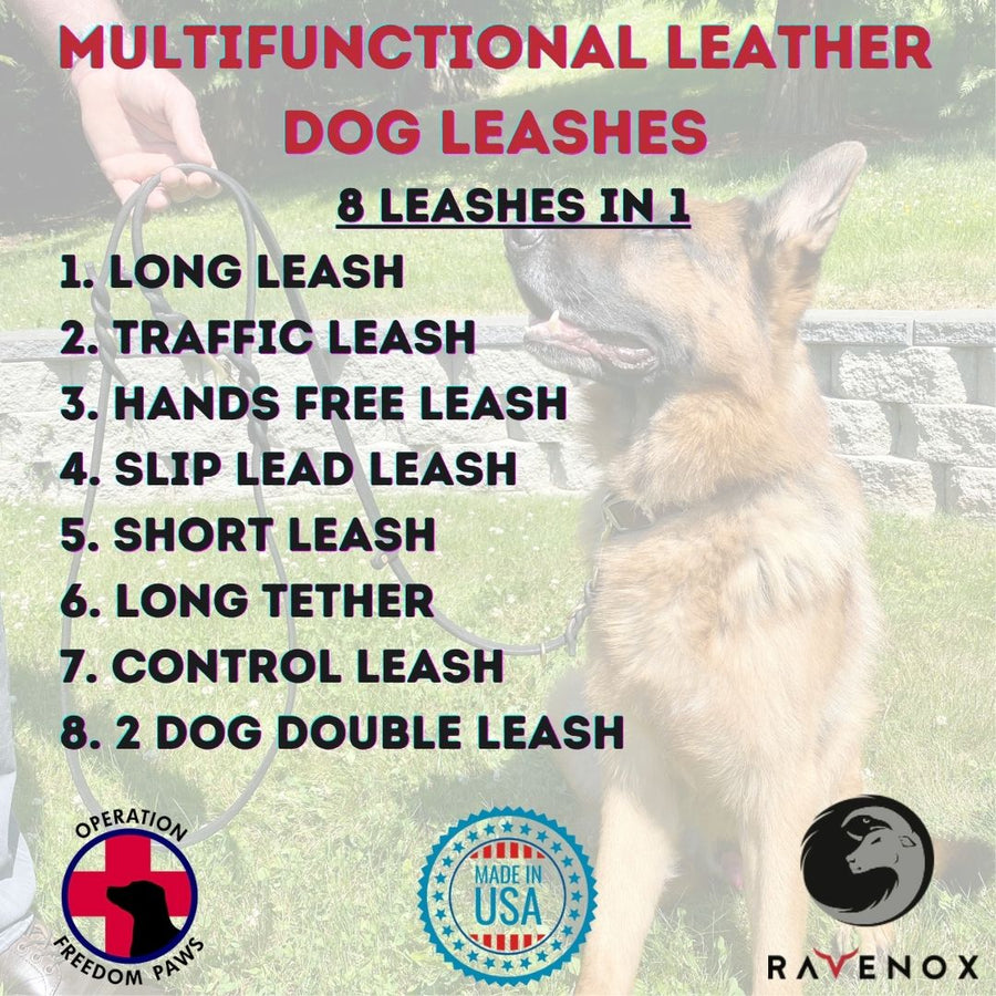 Ravenox Multifunctional Leather Dog Leash with solid brass hardware, displayed as an all-in-one solution serving as a long leash, traffic leash, hands-free leash, slip lead, short leash, long tether, control leash, and two-dog double leash, popular among veterinarians, trainers, and police K-9 units for enhanced control and versatility. (7838529061101)