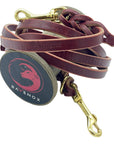 Burgundy Ravenox Multifunctional Leather Dog Leash featuring solid brass hardware, illustrating its 8-in-1 functionality in a detailed swatch view, emphasizing the leash's versatility and high-quality construction. (7838529061101)