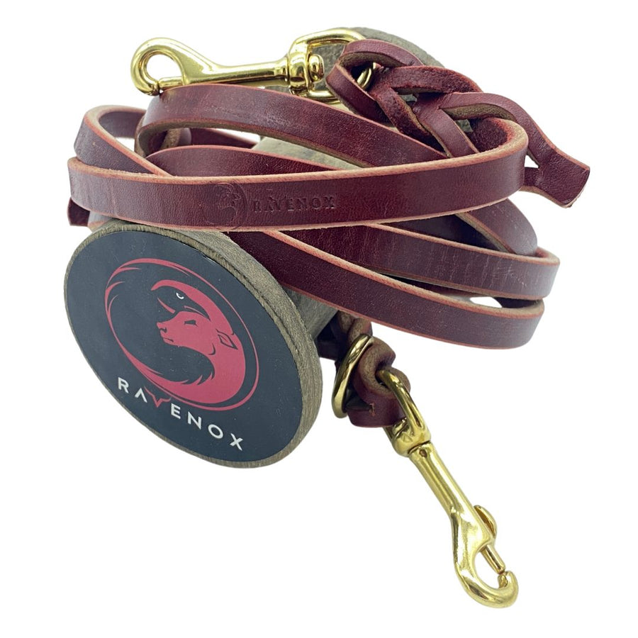 Burgundy Ravenox Multifunctional Leather Dog Leash featuring solid brass hardware, illustrating its 8-in-1 functionality in a detailed swatch view, emphasizing the leash's versatility and high-quality construction. (7838529061101)