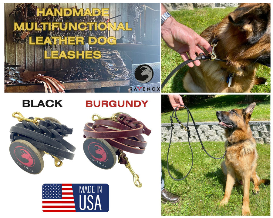 Superior Ravenox Multifunctional Leather Dog Leash with solid brass hardware, embodying the epitome of skilled craftsmanship with Amish-made, traditionally hand-cut, edged, and finished leather for lasting durability, reflecting generations of handcrafted expertise from small family-run shops. (7838529061101)