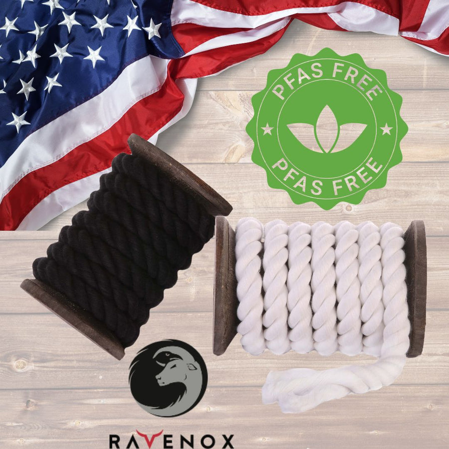 Image of Ravenox twisted polyester ropes neatly arranged on a rustic wooden background, accompanied by a prominent 'PFAS-Free' logo, symbolizing the product's commitment to environmental safety and quality. (1688301863002)