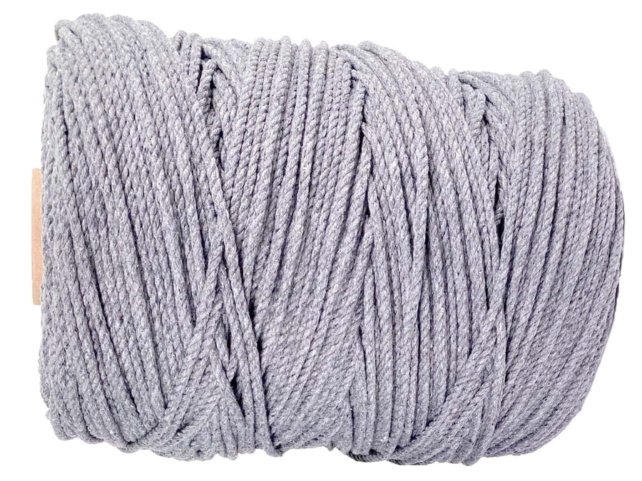 Assorted sizes of Ravenox Pearl Grey three-strand cotton macrame cords, including 3MM, 5MM, 6MM, and 9.5MM, displayed to showcase the varying thicknesses and the cord's smooth, subtle hue. (8358473957613)