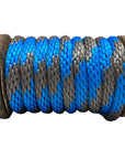 Close-up of a Ravenox blue and silver solid braid polypropylene derby rope neatly wound on a wooden spool. (8217684836589)