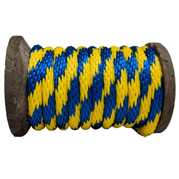 Close-up of a Ravenox blue and gold/yellow solid braid polypropylene derby rope wrapped tightly on a wooden spool. (8217690734829)