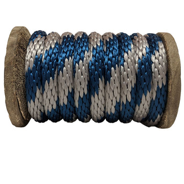 Close-up of a Ravenox navy blue and silver solid braid polypropylene derby rope wound neatly on a wooden spool. (8217687654637)