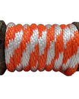 Close-up of a Ravenox orange and white solid braid polypropylene rope coiled on a wooden spool. (8217637912813)