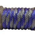Close-up of a Ravenox purple and silver solid braid polypropylene derby rope wrapped neatly on a wooden spool. (8217685754093)