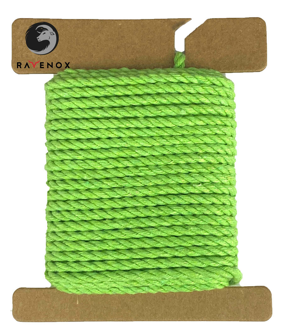 Fresh Lime Green Ravenox Three Strand Twisted Cotton Cord in 1/8-inch and 3/16-inch thicknesses, looped on a cardboard disk, displaying the cord's vibrant, energetic color. (3869011457)