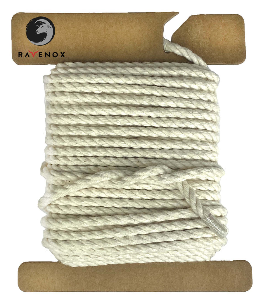 Swatch of Ravenox Natural White 100% Cotton Cord in 1/8-inch and 3/16-inch three-strand twist, coiled on a cardboard disk, showcasing its organic purity. (3712668161)