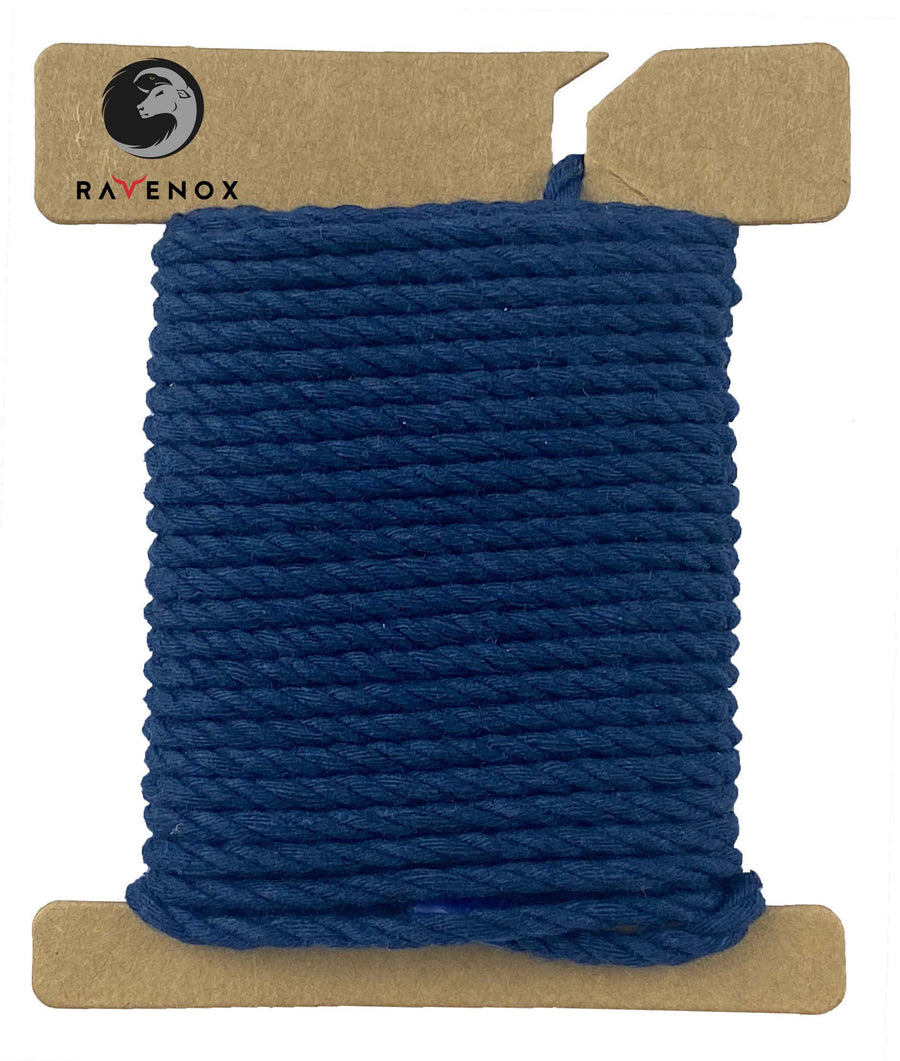 Swatch of Ravenox Navy Blue Three Strand Twisted Cotton Cord, showcased in 1/8-inch and 3/16-inch sizes on a cardboard disk, emphasizing the cord's classic maritime color. (3710803713)