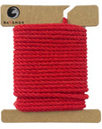 Swatch of Ravenox Red Three Strand Twisted Cotton Cord in 1/8-inch and 3/16-inch thicknesses, arranged on a cardboard disk to display the vibrant color and sturdy texture. (3715008065)