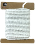 Ravenox Snow White Three Strand Twisted Cotton Cord in 1/8-inch and 3/16-inch dimensions, coiled on a cardboard disk, showcasing its crisp color and pliable strength. (5511949441)