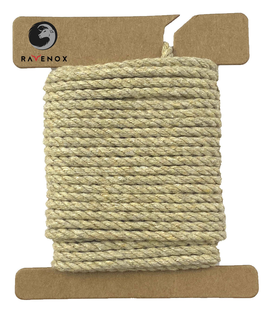 Earthy Tan Ravenox Three Strand Twisted Cotton Cord in 1/8-inch and 3/16-inch thicknesses, coiled on a cardboard disk, epitomizing natural color and quality. (3869226497)