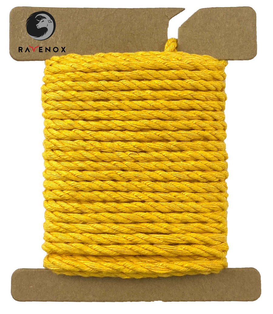 Golden Ravenox Three Strand Twisted Cotton Cord, presented in 1/8-inch and 3/16-inch thicknesses on a cardboard disk, highlighting the cord's luxurious, shimmering hue. (3868135169)