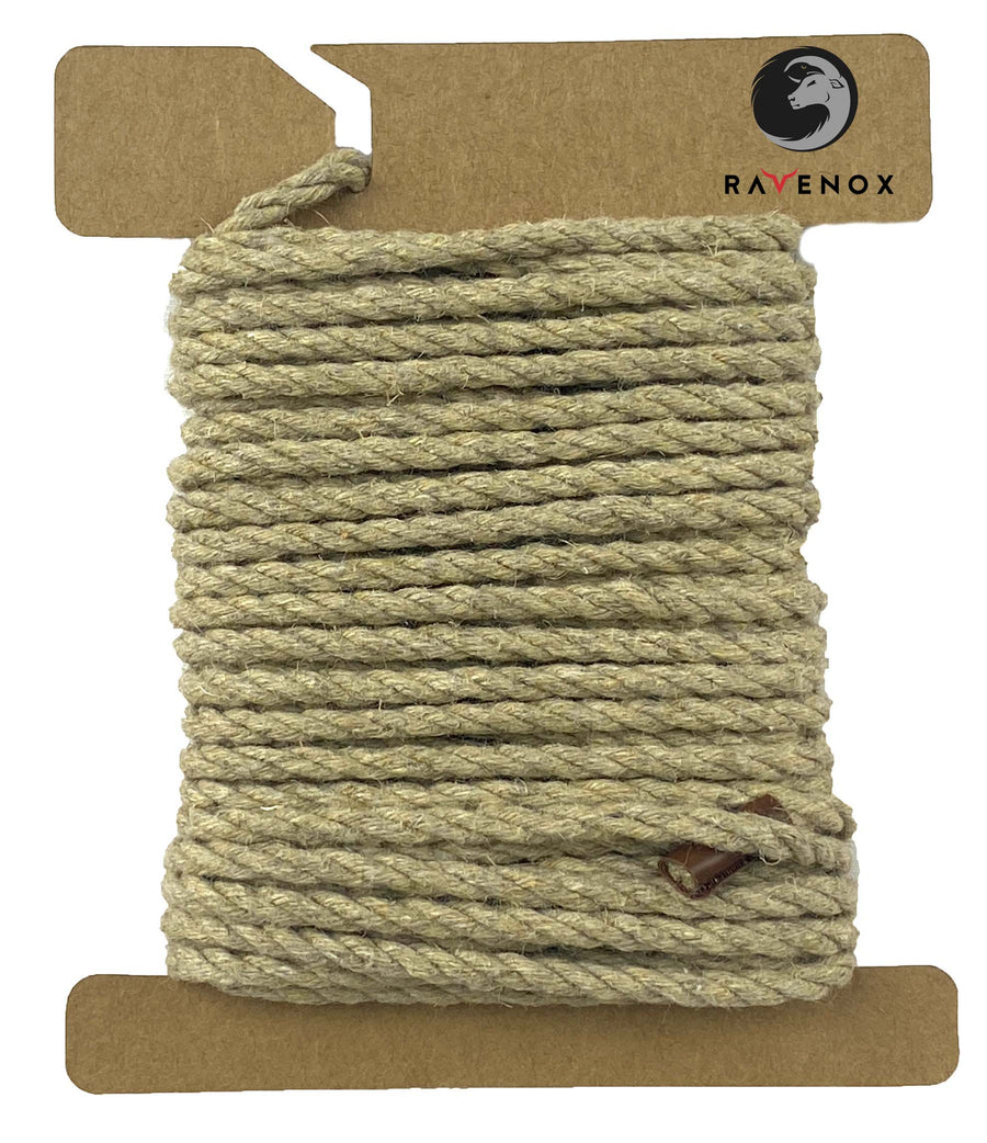 Natural Tan Ravenox Hemp Macrame Cord in 3MM and 5MM three-strand twist, presented on a cardboard disk to illustrate the cord's eco-friendly texture and earthy tone. (7474759729389)