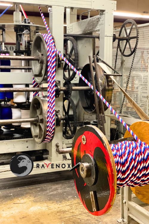 Close-up view of high-quality rope being produced on a modern manufacturing machine at Ravenox, highlighting the direct-from-manufacturer purchase option. Text overlay: 'Buy Rope Direct from the Manufacturer - Premium Quality, Unbeatable Prices.