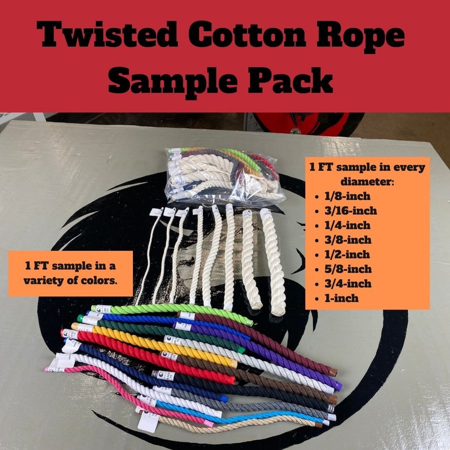 An assorted Ravenox Cotton Rope Sample Pack, featuring a variety of vibrant colors and sizes, perfect for trying out different crafts, décor, or DIY projects. (6666711937)