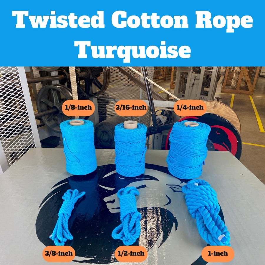 Image displaying Ravenox's Turquoise 100% Cotton Twisted Rope in multiple sizes, emphasizing its diverse applications and commitment to sustainable practices – featured on Ravenox product page. (3869050049)